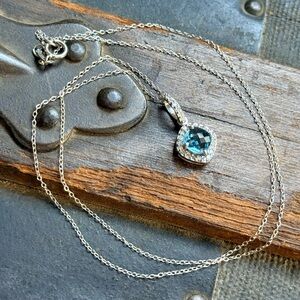 14k White Gold Blue Tooaz & Diamond Halo Pendant on 18” Sterling Silver Chain